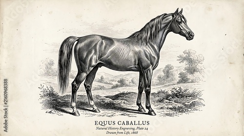 Vintage Equus Caballus Horse Engraving Illustration