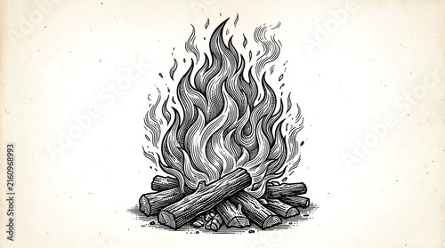 Vintage Woodcut Campfire Illustration with Burning Logs