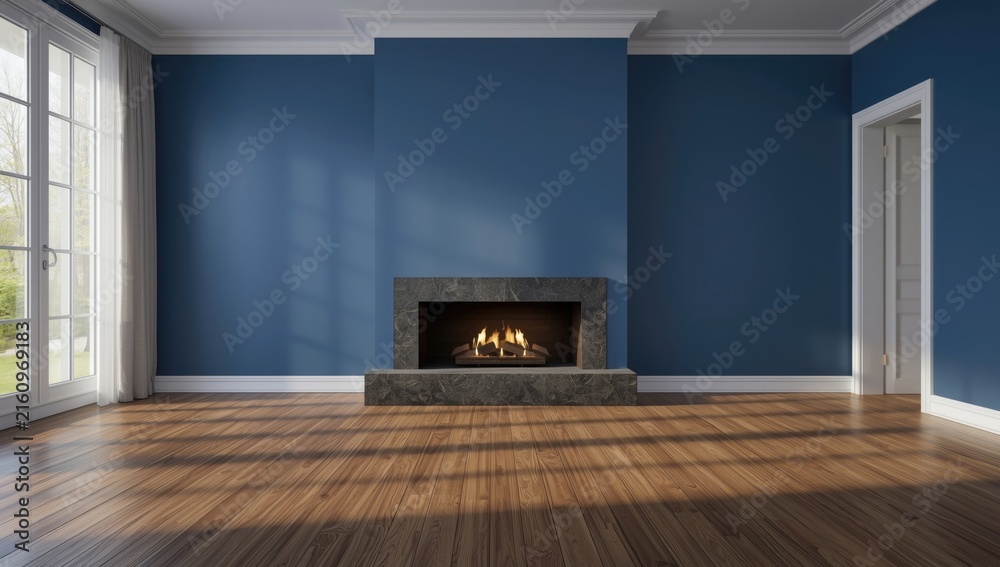 Naklejka premium Modern Living Room with Fireplace and Blue Walls in Natural Light