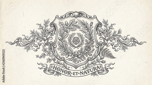 Vintage Heraldic Crest with Oak Leaves and Floral Engraving