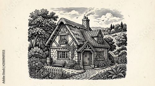 Vintage woodcut style illustration of a rustic countryside cottage