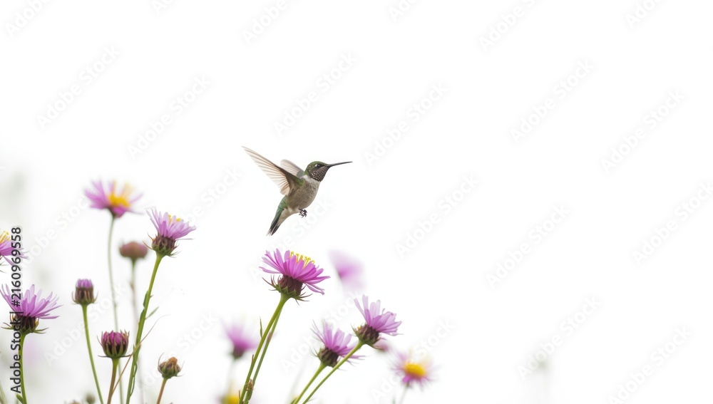 Naklejka premium Hummingbird Hovering Near Pink Flowers Against a Soft White Background