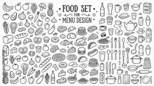 Hand Drawn Food and Drink Icon Set for Menu Design - Large Collection of Vector Doodles with Fruits Vegetables and Kitchenware