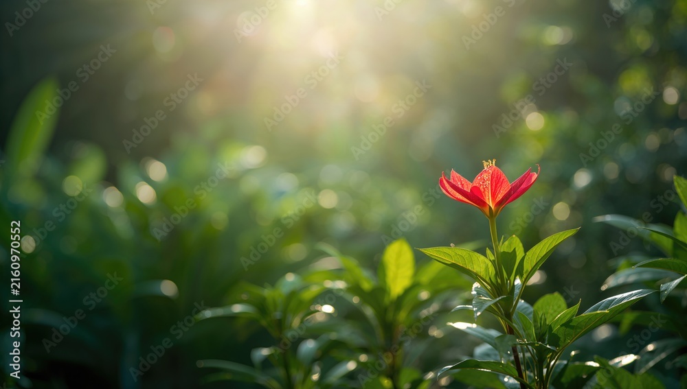 Obraz premium Red Flower Blooming in a Lush Garden with Soft Sunlight