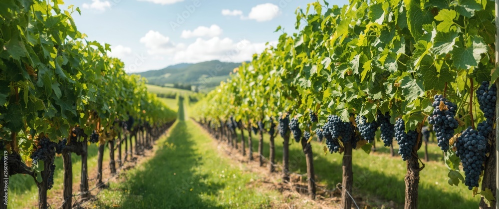 Naklejka premium Vineyard Rows with Ripe Grapes - Sunny Day, Lush Landscape, Depth Perspective