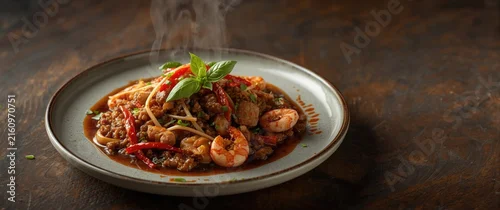 Obraz  z motywem Shrimp Stir Fry with Vegetables and Herbs on a Rustic Plate