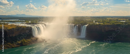 Majestic Waterfall Cascading into a River Under a Blue Sky with Clouds