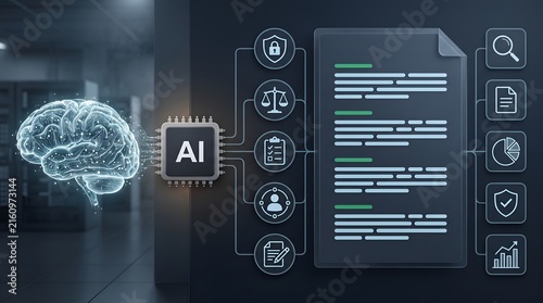 Corporate governance framework for technology displaying glowing brain connected to automated regulatory policy interface