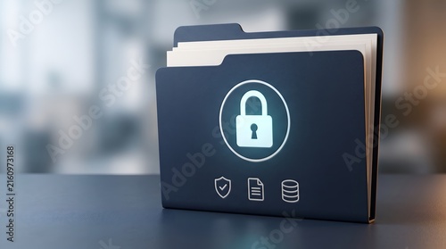 Enterprise information security concept featuring locked digital folder for confidential data protection