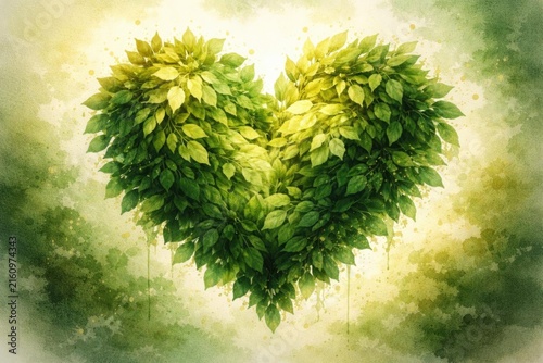 Heart Shape Made of Leaves on a Soft Green Background