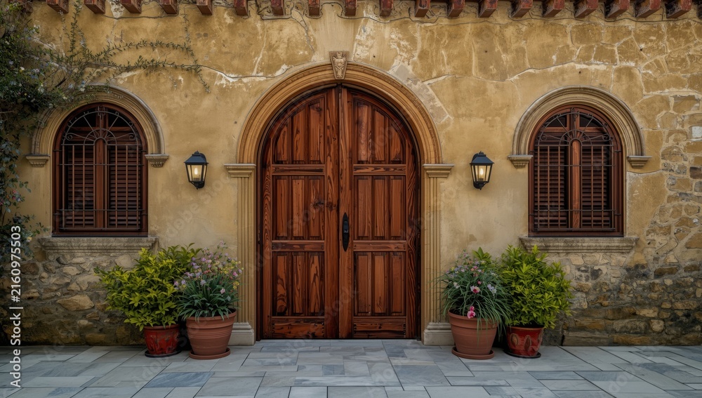 Fototapeta premium Rustic Wooden Doors with Potted Plants and Stone Wall in Warm Light