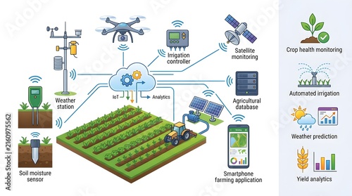 Smart Farming Technology Infographic Showing IoT Data Cloud Connectivity and Agriculture Systems