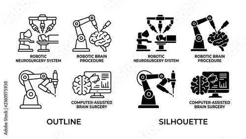 Robotic Surgery Icons Set: A collection of outline and silhouette icons showcasing robotic neurosurgery systems, robotic brain procedures, and computer-assisted brain surgery.