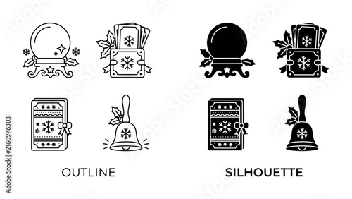 Christmas Fortune Icons: A set of four holiday-themed icons depicting a crystal ball, a deck of tarot cards, a present, and a jingle bell.