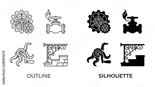 Steampunk Icons: A collection of four distinct steampunk-themed icons presented in both outline and silhouette styles, featuring gears, a valve with flame, tentacles, and architectural elements.