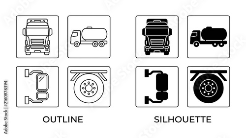 Truck Icons: A set of truck icons in both outline and silhouette style, depicting a tanker truck, its side mirror, and wheel, suitable for transport and logistics graphics.