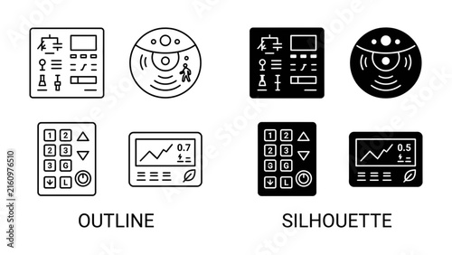 Medical Device Icons: A set of graphic icons representing medical devices, including a control panel with buttons and a display screen showing vital signs.