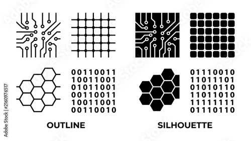 Digital Patterns: A collection of four distinct digital patterns, featuring circuit board outlines and silhouettes, grid lines, binary code, and honeycomb structures.