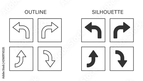 Arrow Direction Set: A graphic collection showcasing various arrow shapes, including outline and silhouette styles, illustrating different directions and turns for design and navigation purposes.