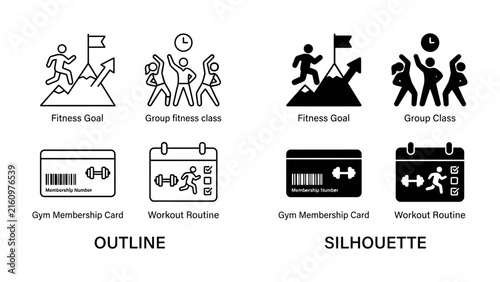 Fitness Routine Icons: A collection of outline and silhouette icons depicting fitness goals, group classes, gym membership cards, and workout routines, illustrating a healthy lifestyle.