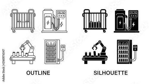 Industrial Automation Icons: A set of outline and silhouette icons depicting industrial automation, including a battery charging station and a robotic arm assembling products.