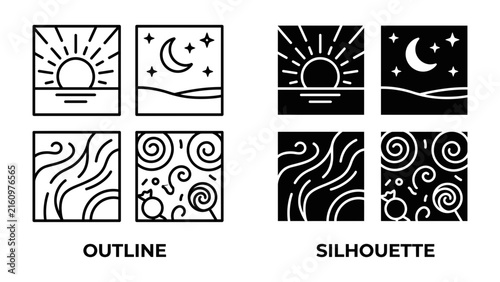 Set of Abstract Symbols: A set of four graphic icons, presented in both outline and silhouette styles, depicting celestial bodies and swirling patterns.