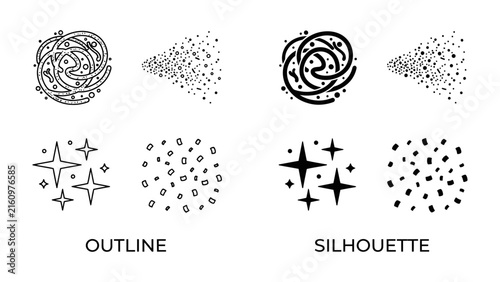 Graphic Elements: A collection of stylized graphic design elements including swirls, sprays, and sparkles presented in both outline and silhouette styles for versatile application.