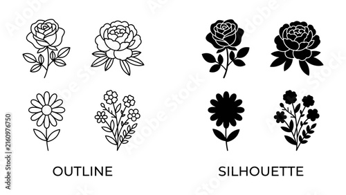 Floral Icon Set: A collection of elegant floral illustrations showcasing roses, daisies, and other botanical elements in both outline and silhouette forms, perfect for design and branding.