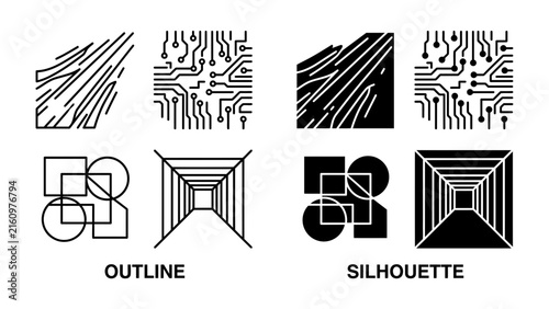 Geometric Design Elements Set: A collection of abstract graphic elements, showcasing line art, circuit board patterns, geometric shapes, and perspective tunnels in both outline and silhouette styles.