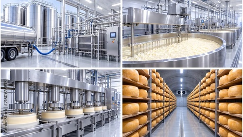 Modern industrial dairy processing plant with stainless steel milk storage tanks, plate heat exchanger pasteurizer unit, and a milk tanker truck unloading raw milk through a flexible transfer hose