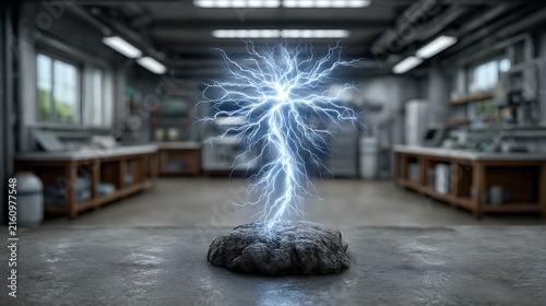 Plakat A bright electrical discharge glowing inside a workshop or laboratory setting.