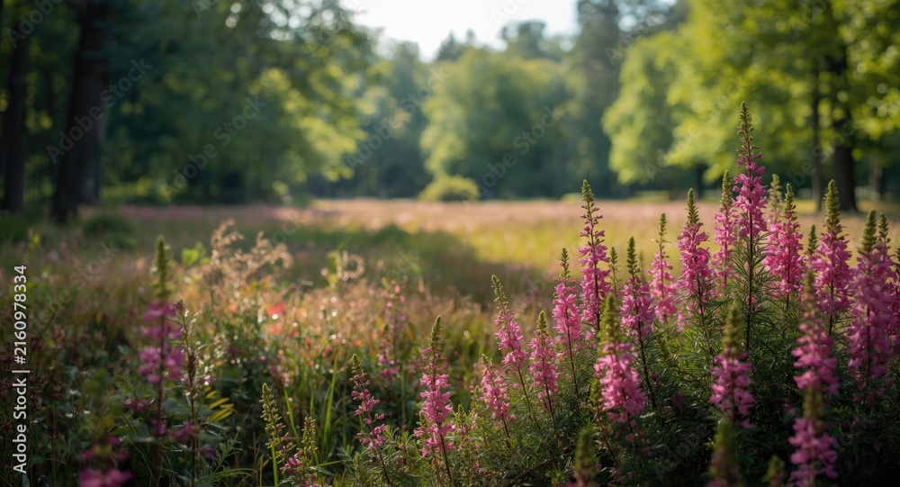 Obraz premium Wildflowers Blooming in a Meadow Surrounded by Trees in Soft Morning Light