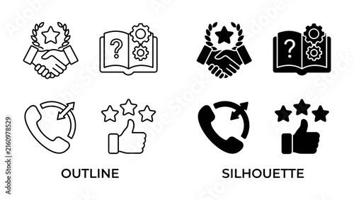 Customer Support Icons: A set of four icons in both outline and silhouette styles, representing key aspects of customer service: a handshake with a star, an open book with gears and a question mark.