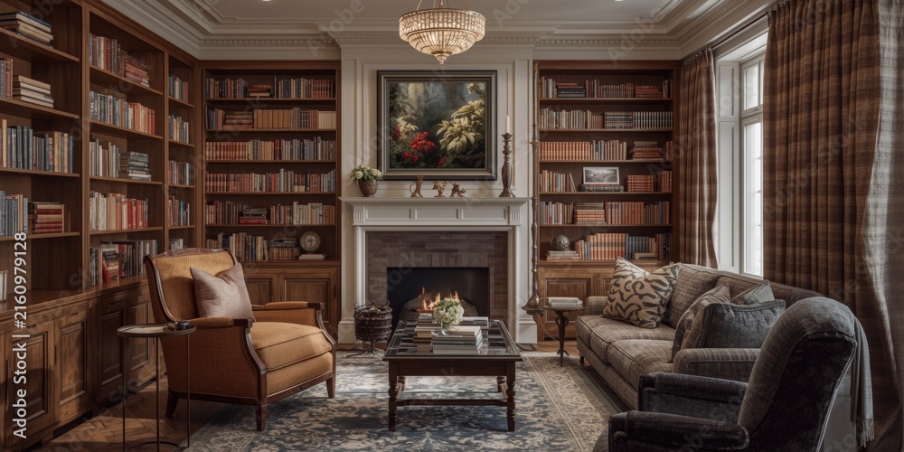 Fototapeta premium Cozy Living Room with Bookshelves and Elegant Lighting in Warm Tones
