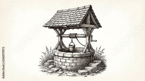 Vintage Woodcut Illustration of a Traditional Wishing Well