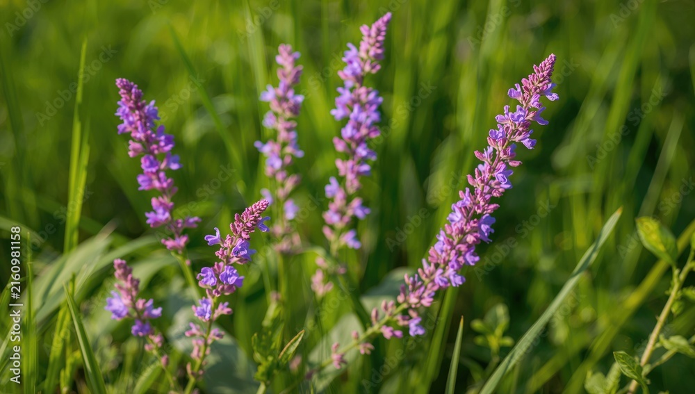 Fototapeta premium Purple Wildflowers Growing in a Green Meadow Under Bright Sunlight