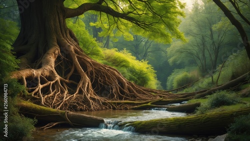 Ancient Tree with Exposed Roots by a Stream in a Lush Green Forest
