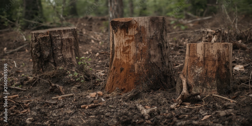 Fototapeta premium Tree Stumps in a Forest Clearing with Rich Soil and Surrounding Foliage
