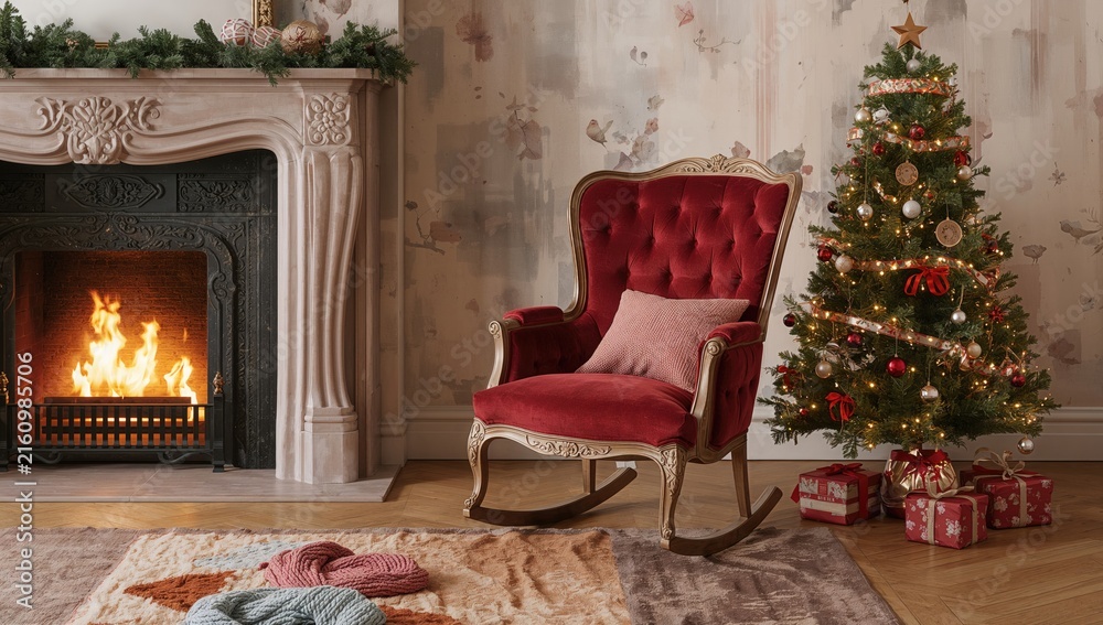 Fototapeta premium Cozy Living Room with Rocking Chair and Christmas Tree by the Fireplace