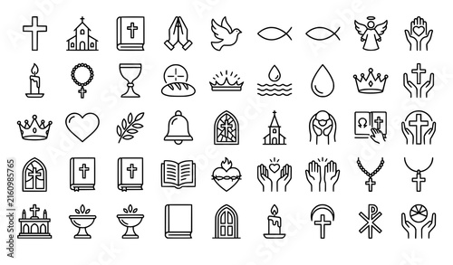 Canvastavla Christian faith monochrome line art icons with cross Bible church prayer dove an