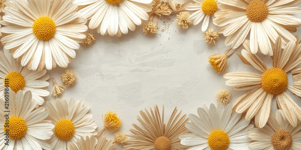 Obraz premium White and Yellow Daisies Framing a Light Neutral Background in Natural Arrangement