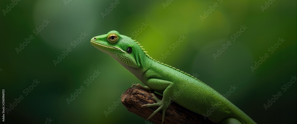 Fototapeta premium Green Gecko Resting on a Branch in Soft Focus Background