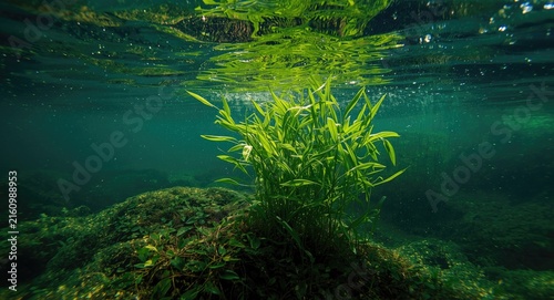 Underwater Plant Life Growing on Rocky Seafloor with Sunlight Reflections