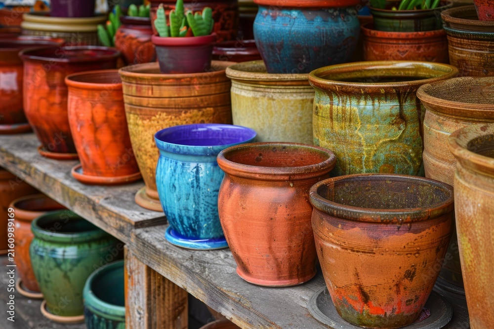 Fototapeta premium Vibrant ceramic pots arranged on rustic wooden shelves