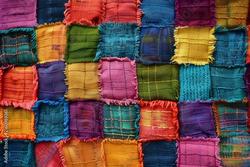 Vibrant patchwork quilt with multicolored fabric squares