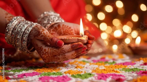 Indian woman holding a diya lamp during diwali celebration