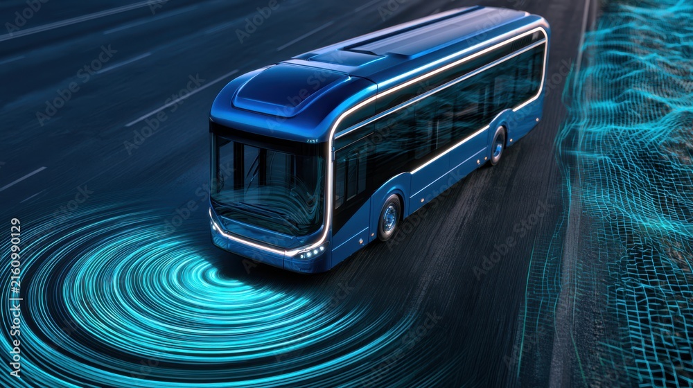 Naklejka premium 3D render of a modern blue autonomous electric bus driving on a highway at night, surrounded by digital radar waves and network mesh graphics.