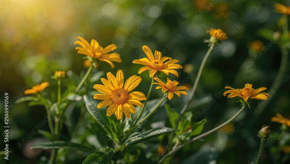 Obraz premium Yellow Flowers Blooming in a Lush Garden during Sunset Glow