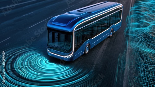 3D render of a modern blue autonomous electric bus driving on a highway at night, surrounded by digital radar waves and network mesh graphics.