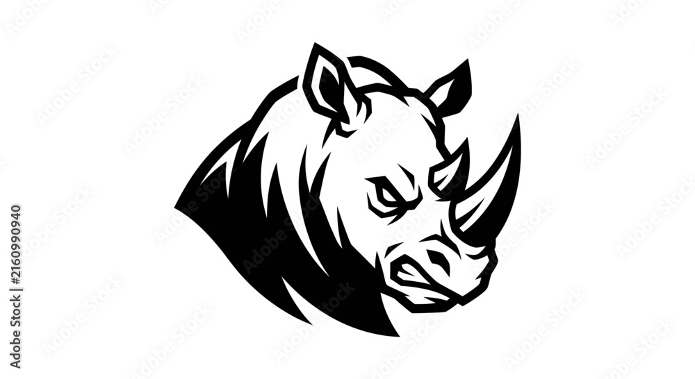 Fototapeta premium Aggressive Rhinoceros Head Illustration Black and White 1.